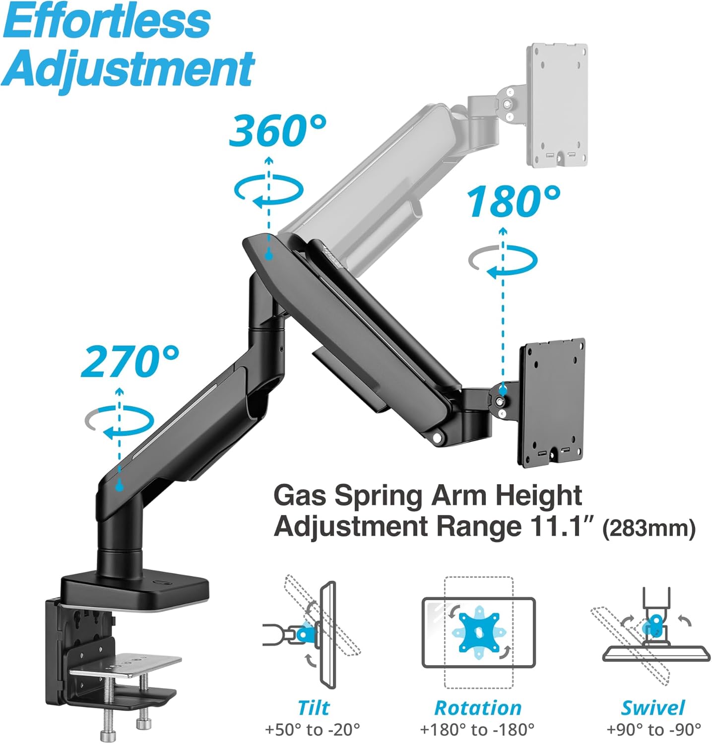 AVLT RGB Lights Single 17”-49” Gaming Monitor Arm Desk Mount, Fits One Flat/Curved/Ultrawide Screen up to 44lbs(20kg), Height Swivel Tilt Adjustable Stand - Black