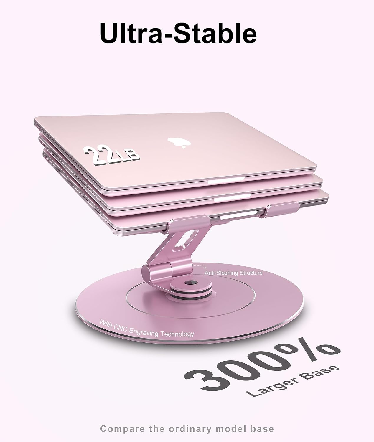 Ultra-Stable Swivel Laptop Stand for Desk, 300% Larger Base Stability, Military-Grade Aluminum, Height Adjustable Stylish Laptop Stand for Women, Suitable for 10"-17.3" Laptops Rose Gold