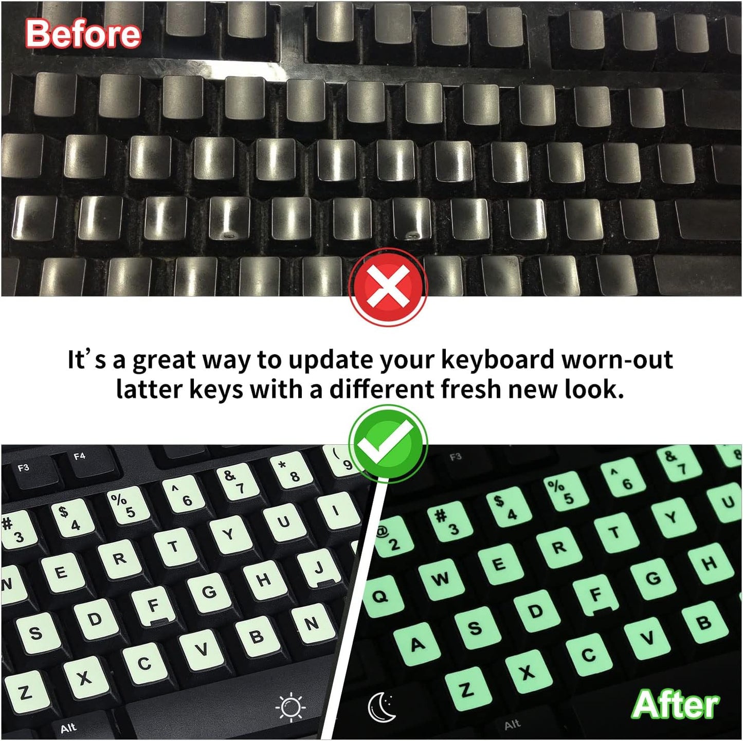 2PCS Pack Universal English Keyboard Stickers Glow in The Dark, Keyboard Letters Stickers for Computer Laptop Notebook Desktop (English-Glow)