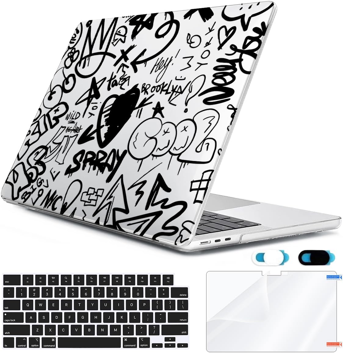 Compatible with MacBook Air 13 inch Case 2025 2024-2022 M4 A3240 M3 A3113 M2 A2681, Plastic Hard Shell&Keyboard Cover&Screen Film&Webcam Cover for MacBook Air 13.6 inch Case, Black Graffiti