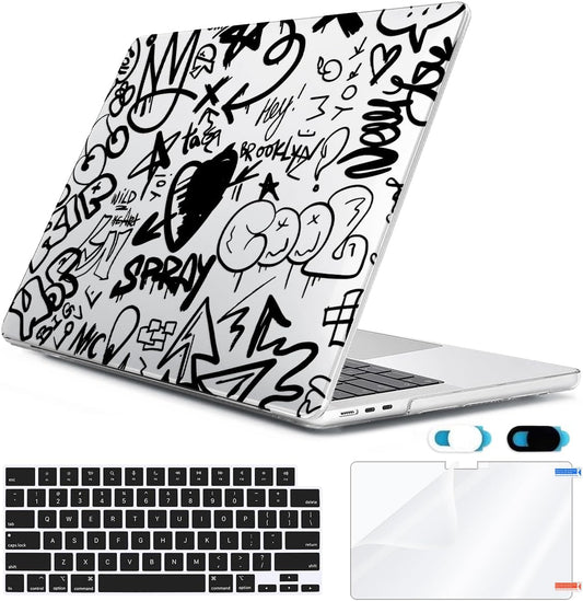 Compatible with MacBook Air 13 inch Case 2025 2024-2022 M4 A3240 M3 A3113 M2 A2681, Plastic Hard Shell&Keyboard Cover&Screen Film&Webcam Cover for MacBook Air 13.6 inch Case, Black Graffiti