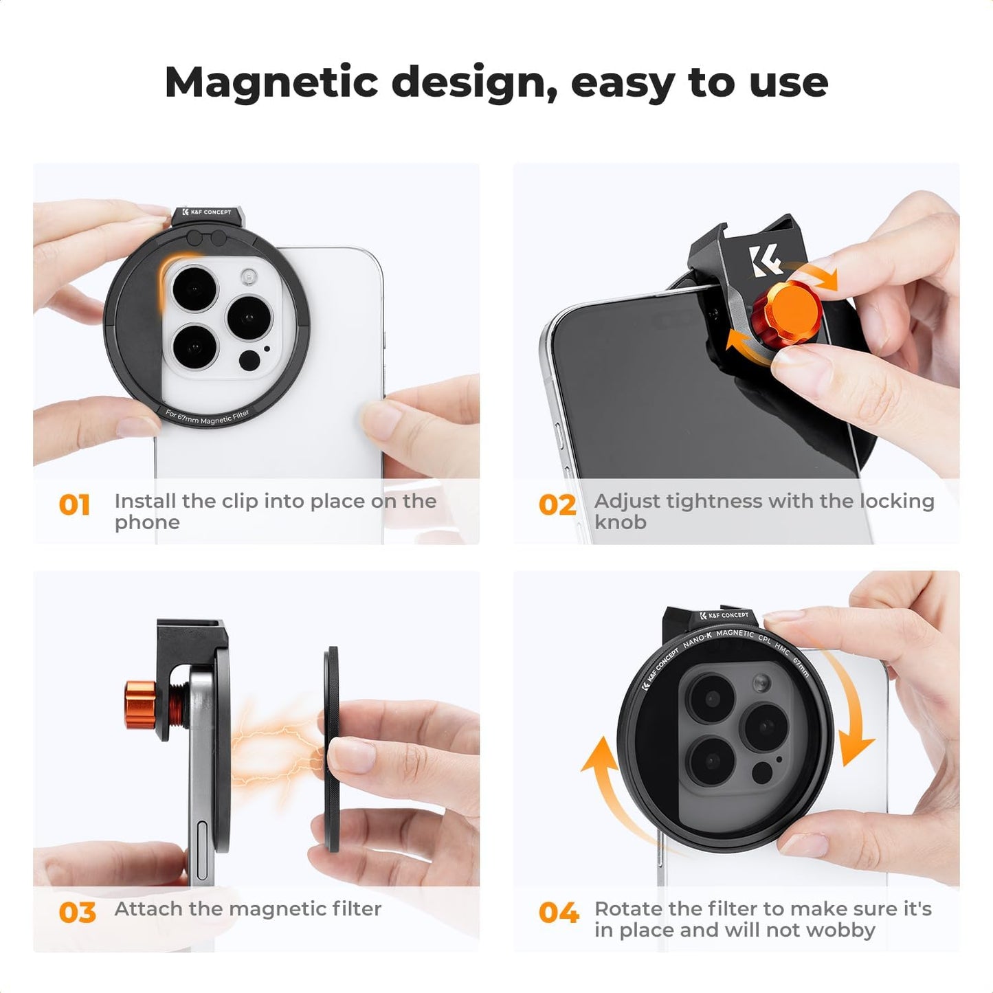 K&F Concept Clip On 67mm CPL Magnetic Phone Lens Filter Kit, Phone Clip with Magnetic Adapter Ring/Cold Shoe/Locking Knob, Polarizer Filter for iPhone 16 15 Pro Max 14 13