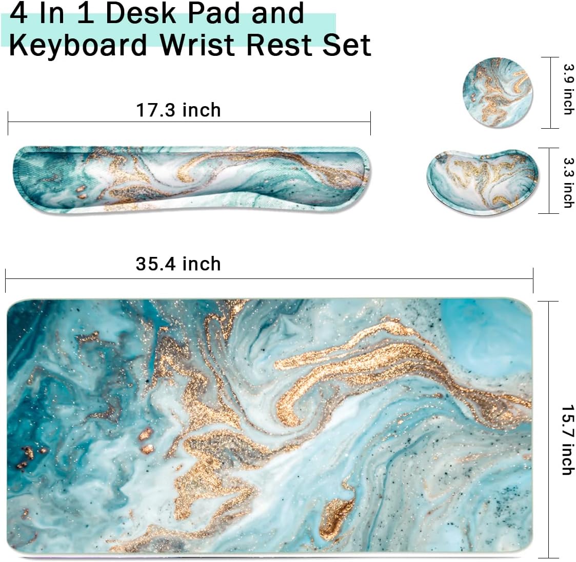 Keyboard Mouse Pad Set, Extended Mouse Pad+Keyboard Wrist Rest Support, Memory Foam Ergonomic Easy Typing, 3Pcs (35.4×15.7 in) Desk Pad Set for Home Office Study Game-Green Marble