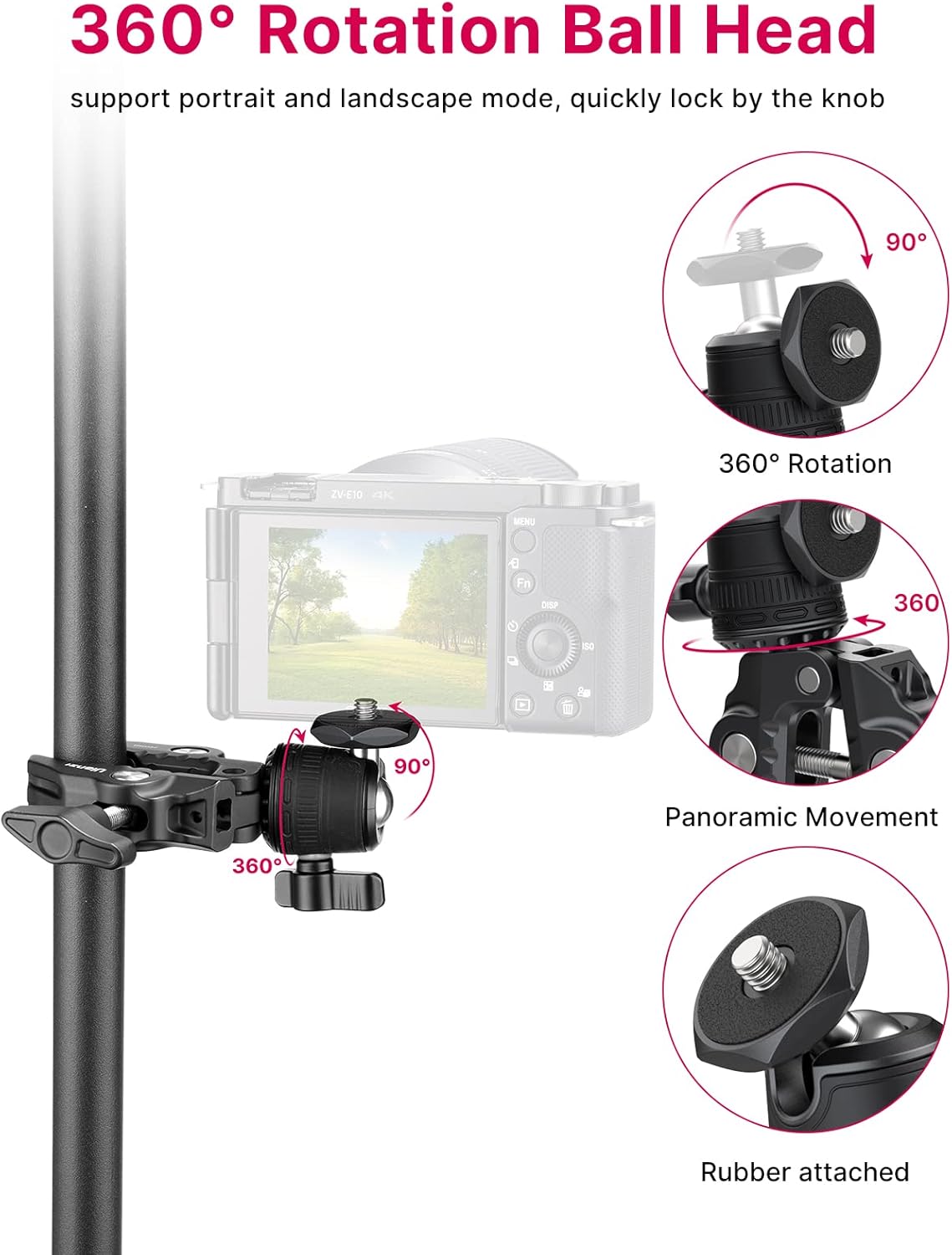 ULANZI R099 Super Clamp Camera Mount - Heavy Duty 3.3lb Load Metal Clamp with 360° Ball Head for Action Cameras (GoPro/Insta360/DJI), DSLR, Bike/Motorcycle Handlebar, Pole/Tube Mount Accessories