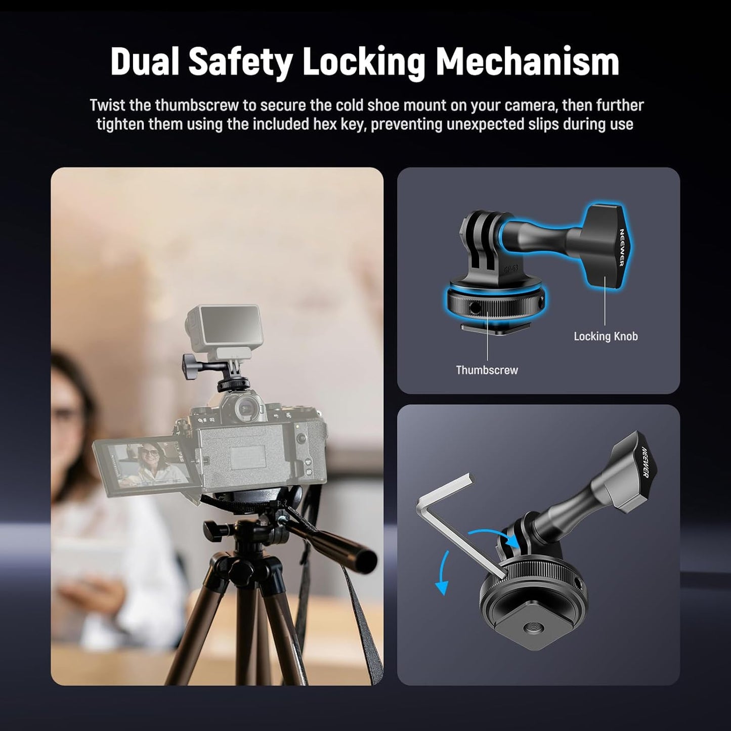 NEEWER Action Camera Cold Shoe Mount Adapter Compatible with GoPro Accessories Go Pro DJI Insta360 AKASO, Metal 1/4" Thread Hot Shoe Mount for Mini Tripod Selfie Stick, 180° Tilt, GP-63