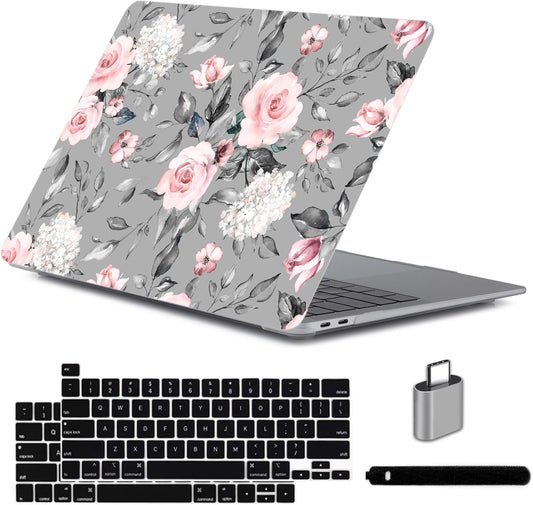 LanBaiLan Compatible for MacBook Pro 13 inch with Touch Bar 2022 2021 2020 2019 2018 2017 2016 Release M1 M2 A2338 A2289 A2251 A2159 A1989 A1706 A1708 Protective Case & Keyboard Cover, Grey Flowers