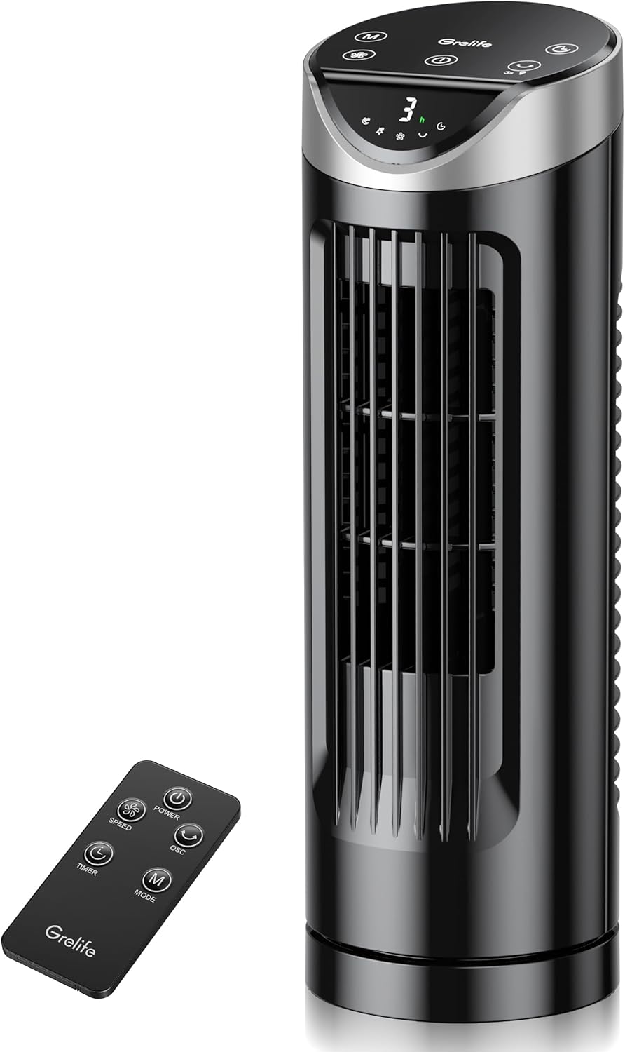 Grelife 13" Electronic Tower Fan with Remote Control, 3 Speed & 3 Modes, 90° Oscillation, LED Display, 7.5H Timer, Quiet Bladeless Cooling – Portable Space-Saving for Bedroom Office, Home