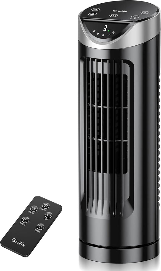Grelife 13" Electronic Tower Fan with Remote Control, 3 Speed & 3 Modes, 90° Oscillation, LED Display, 7.5H Timer, Quiet Bladeless Cooling – Portable Space-Saving for Bedroom Office, Home