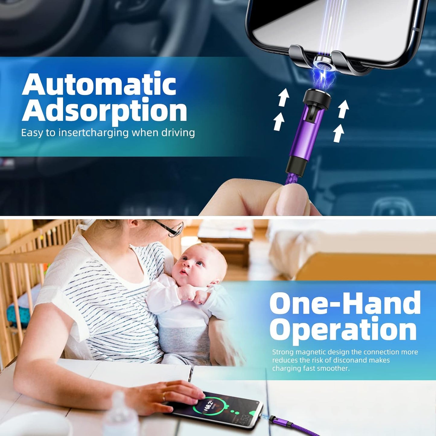 540° Rotation Magnetic Charging Cable 3 in 1 Magnetic Phone Charger [4-Pack, 3ft/3ft/6ft/10ft] 3A Fast Charging Cable & Data Transfer USB Magnet Charger Cable for i-P/Micro USB/Type C Device-Purple