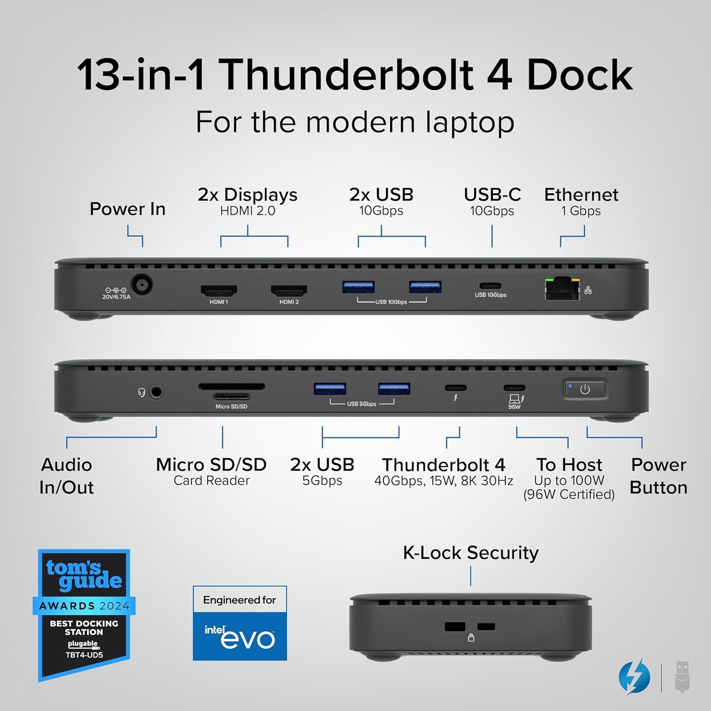 Plugable Thunderbolt 4 Dock with 100W Charging, Thunderbolt Certified, Laptop Docking Station Dual Monitor Single 8K or Dual 4K HDMI for Windows and Mac, 4X USB, Gigabit Ethernet (TBT4-UD5)