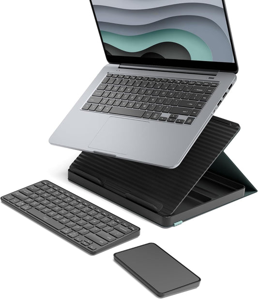 Logitech Casa Pop Up Desk Kit - Adjustable Laptop Stand for Desks, Wireless Keyboard & Touchpad, Bluetooth, USB C Charging, Classic Chic, Green/Black