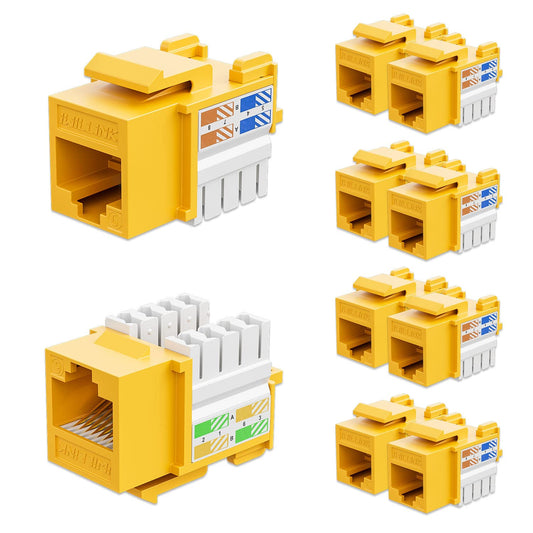 iwillink 10Gbps Cat6 Keystone Jack 10-Pack, RJ45, 90-Degree Ethernet Coupler, Punch Down Adapter (Yellow)