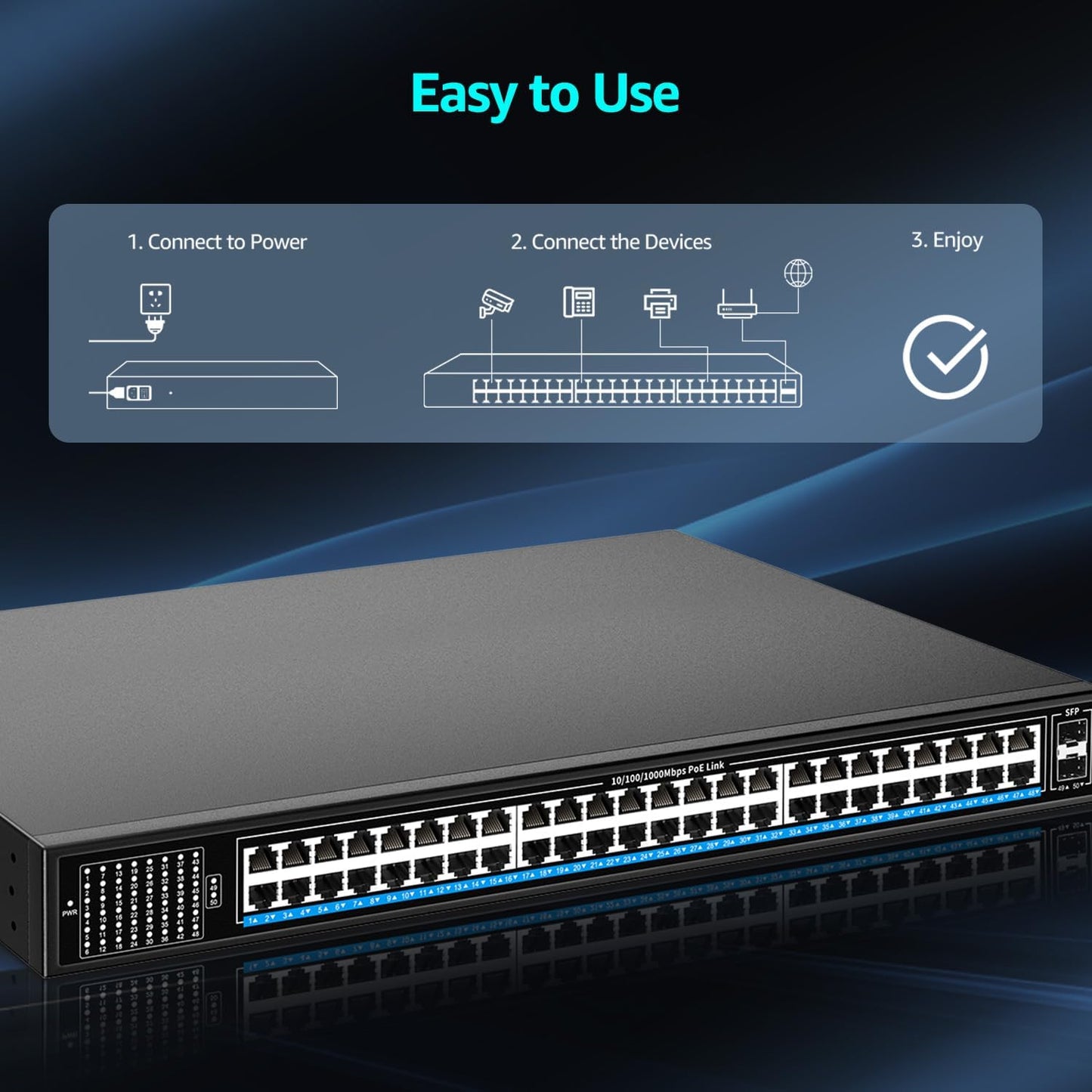 48 Port Gigabit PoE Switch Unmanaged with 48 Port IEEE802.3af/at PoE+@400W, 2 x 1G SFP, NICGIGA 50 Port Network Power Over Ethernet Switch, Desktop/Rackmount