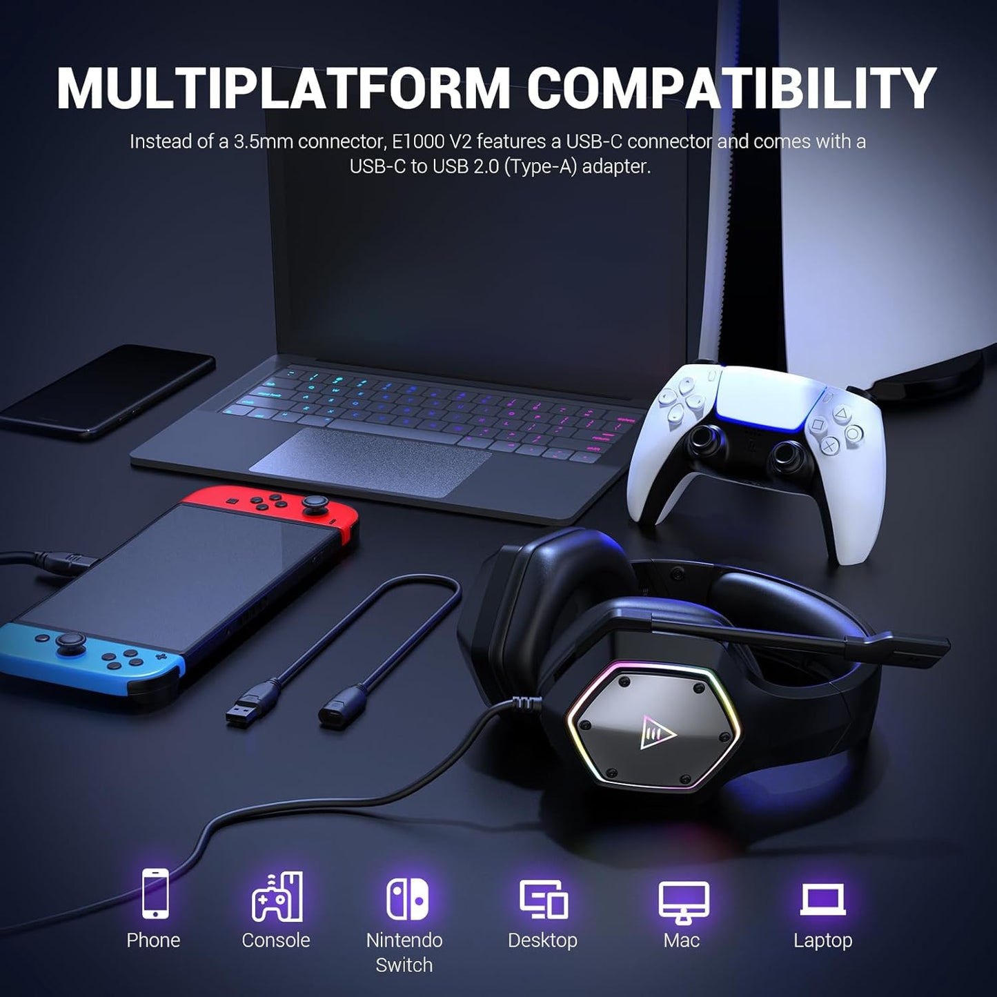 EKSA E1000 V2 Gaming Headset, PC Headset with USB C Plug, Wired Headphones with Noise Canceling Microphone, 7.1 Surround Sound, RGB Light, include USB Adapter for Computer,Mac, PS4/PS5 Console, Laptop