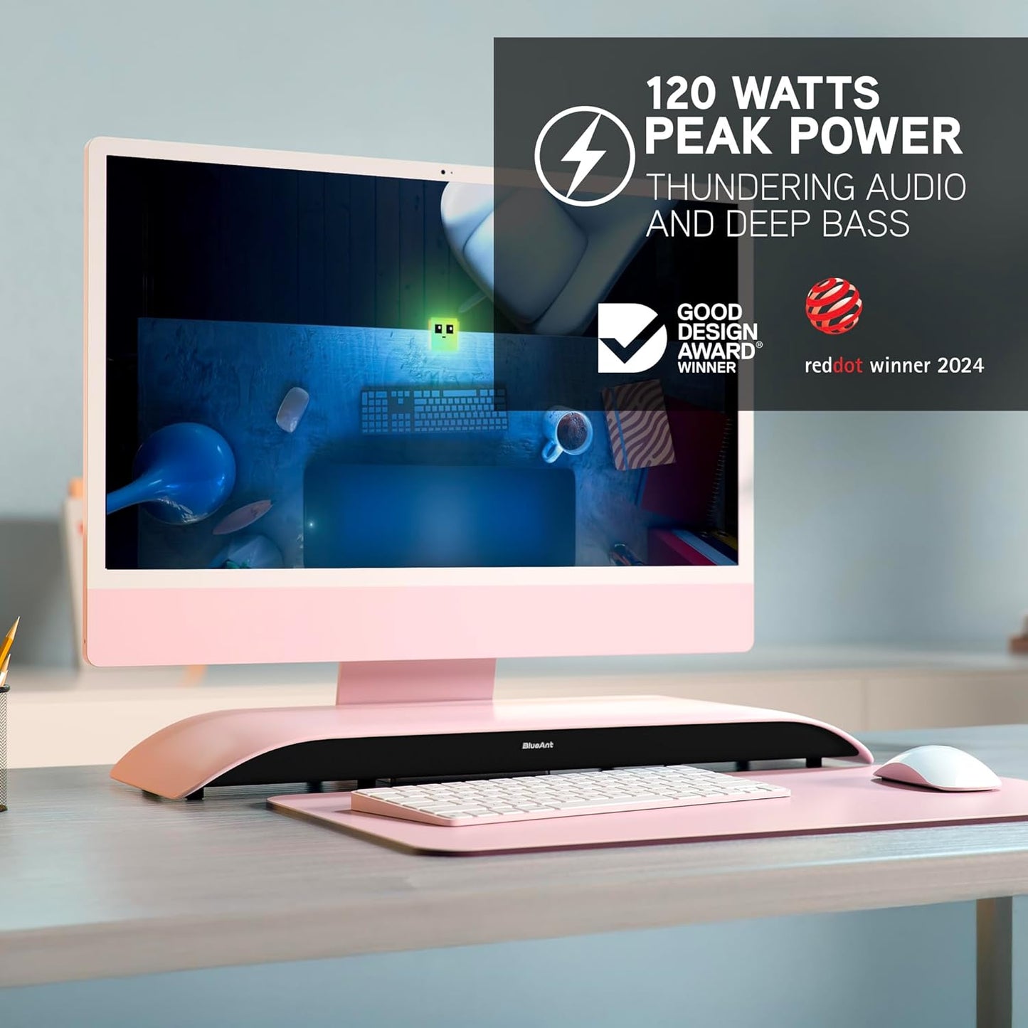 BlueAnt Soundblade Under Monitor Soundbar, Powerful 120 watt, 2.1 Channel USB-C, Bluetooth 5.3 Desktop Speaker for PC, Mac for Streaming Content, Music and Gaming. (Pink)