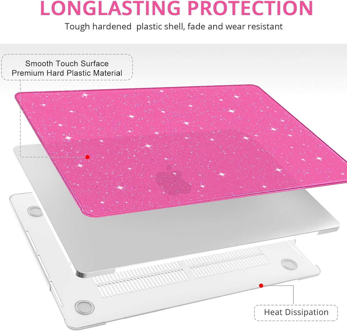 Anban Compatible with MacBook Pro 13 inch Case M2 M1 2025-2016 A2338 A2251 A2289 A2159 A1989 A1706 A1708, Plastic Hard Shell+Keyboard Cover+Screen Skin for MacBook Pro 13.3 inch Case, Shiny Hot Pink