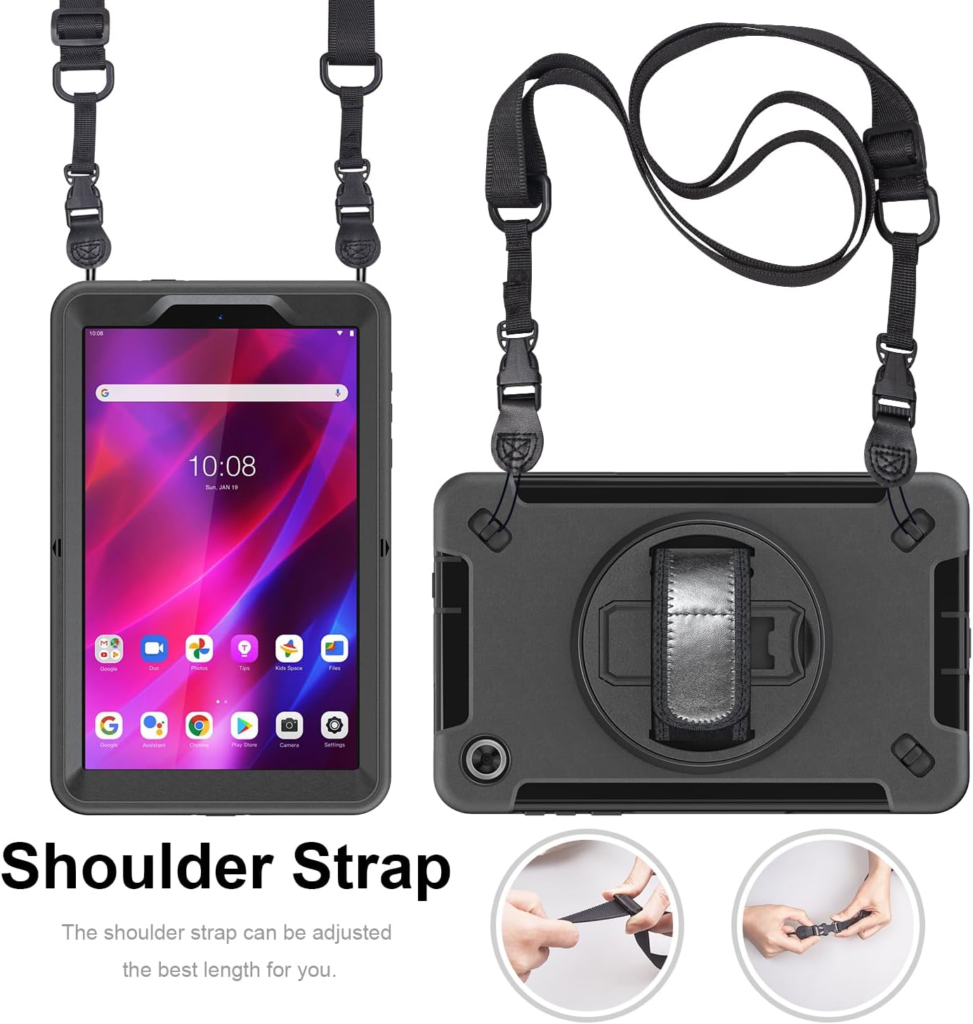 Junfire Shockproof Case for Lenovo Tab M8 4th Gen 2023, Heavy Duty Rugged Case with 360°Rotatable Kickstand/Hand Strap/Stylus Holder for TB-300FU/TB-300FX, Black