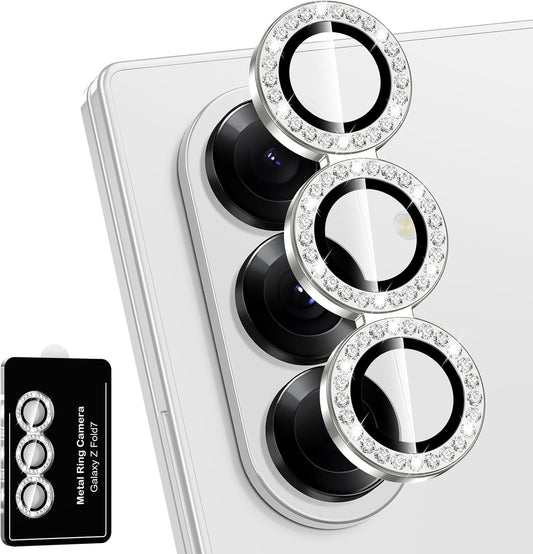for Samsung Galaxy Z Fold 7 Camera Lens Protector, Individual Metal Ring Tempered Glass Lens Cover, [Strong Adsorption] Scratch Resistant Ultra-Thin HD Clear Lens Cover, 1 Set-Slivery Diamond
