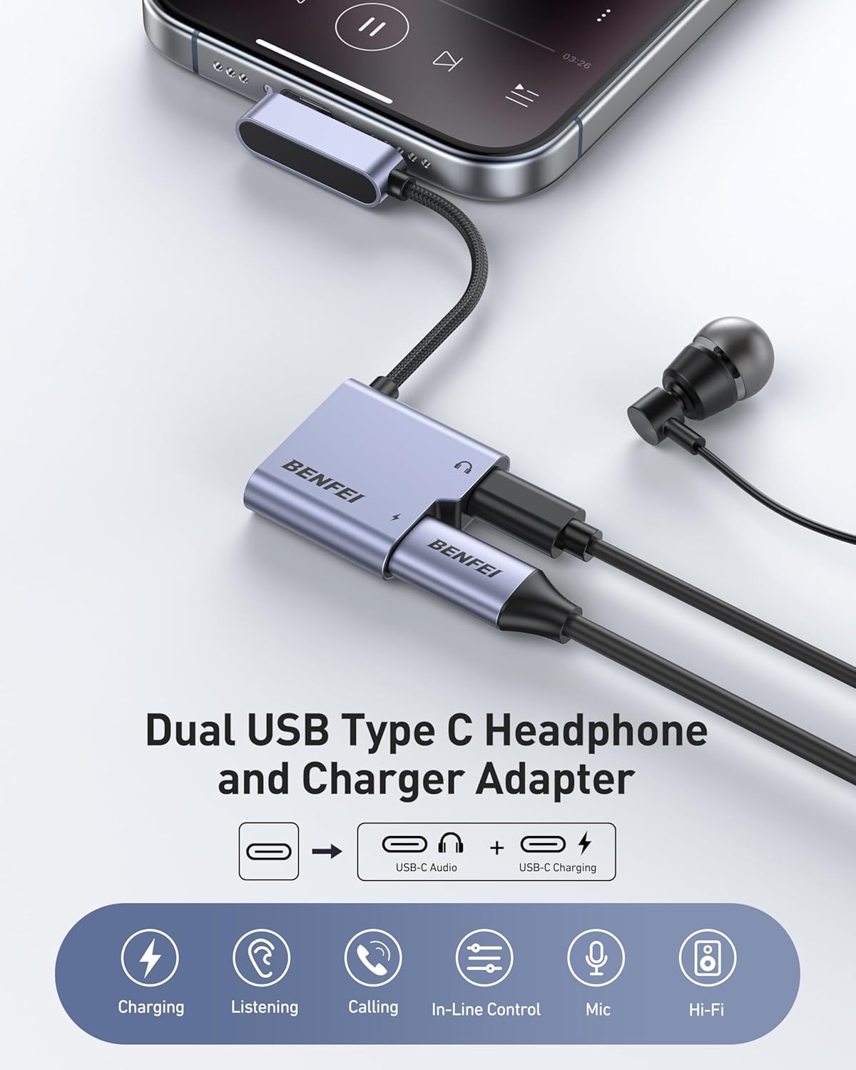 BENFEI USB C Splitter 1 in 2 Out Dual USB C Audio Jack Adapter with 60W Fast Charging, Type C Audio Headphone Compatible with iPhone 16/16 Pro/Pro Max, Samsung Galaxy S25/S24/S23 iPad Pro, Pixel 9