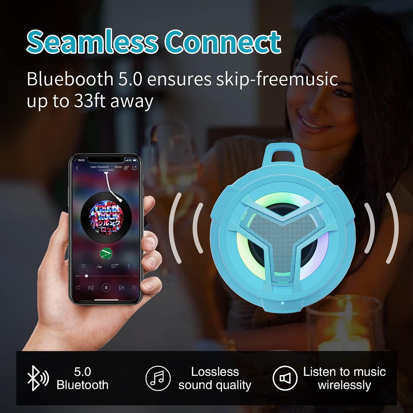 EBODA Waterproof Bluetooth Shower Speaker, IPX7 Floating Portable Wireless Small Speakers, 24H Playtime with RGB Light for Kayak, Beach, Pool Accessories, Gifts for unisex -Sky Blue