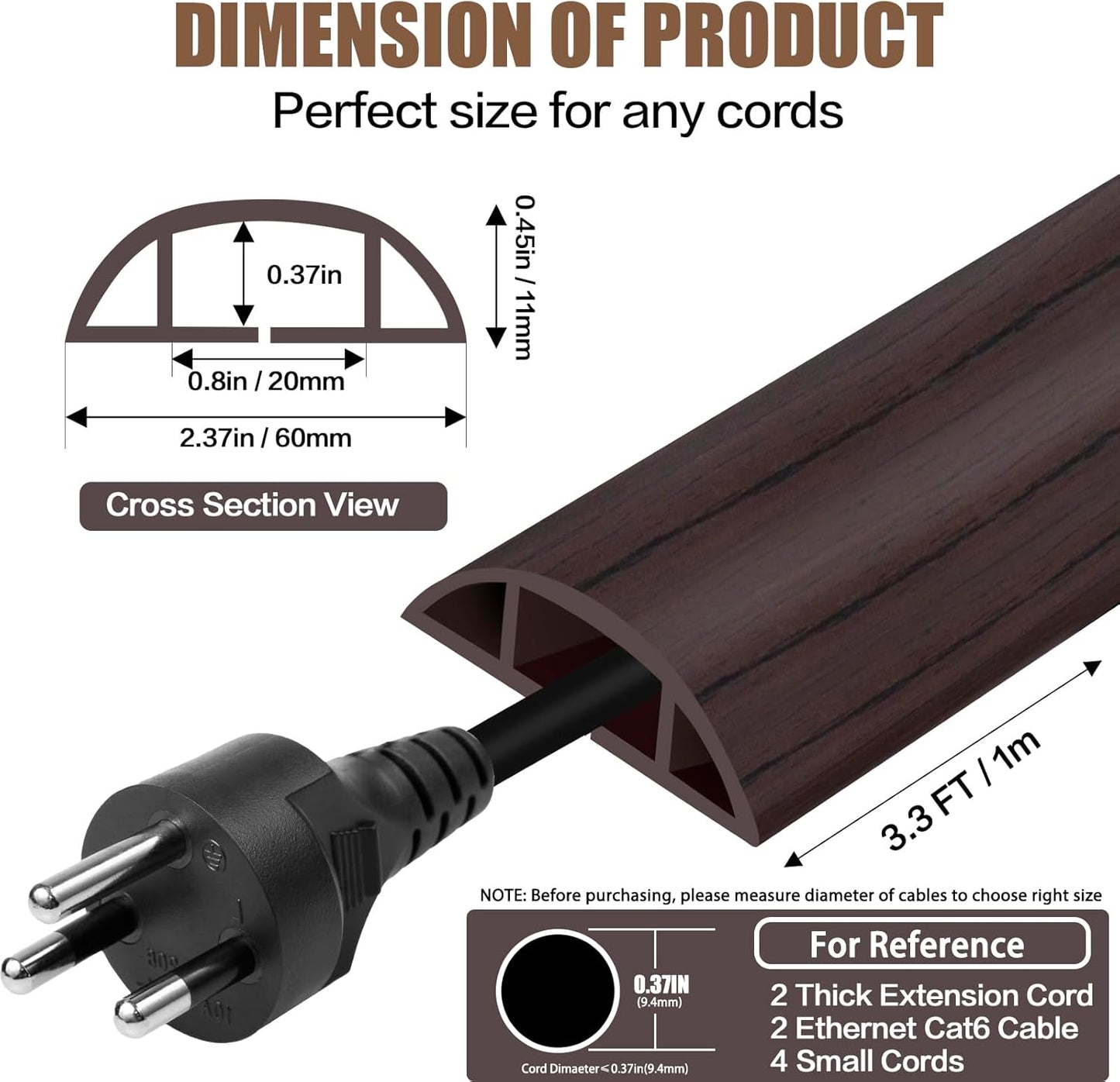 Floor Cord Cover Cavity 0.8"x0.37" Self Adhesive Cord Hider, 3.3FT Low Profile Cable Management, Extension Strip Protector for Wires, Prevent Cable Trips for Offices, Gyms, Exhibitions (Black Wood)