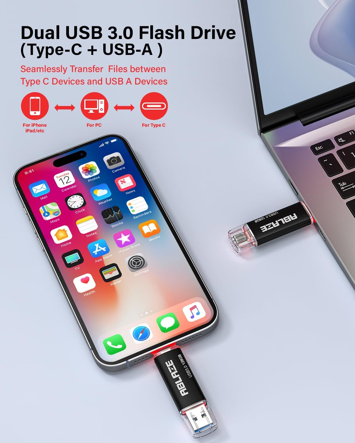 ABLAZE USB C Flash Drive 128GB 2 Pack, Dual USB 3.0+Type C Flash Drive Compatible with iPhone 16/15, Android Smartphone, Computer,Tablet Mac Laptop (2 Pack)