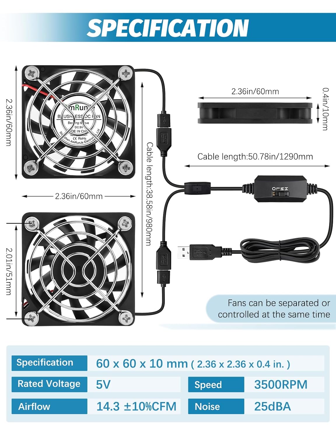 2 Packs USB Cooling Fan 60mm x 15mm 5V Brushless DC Fans Variable Speed for PC Computer Raspberry Pi Router Terrarium Helmet