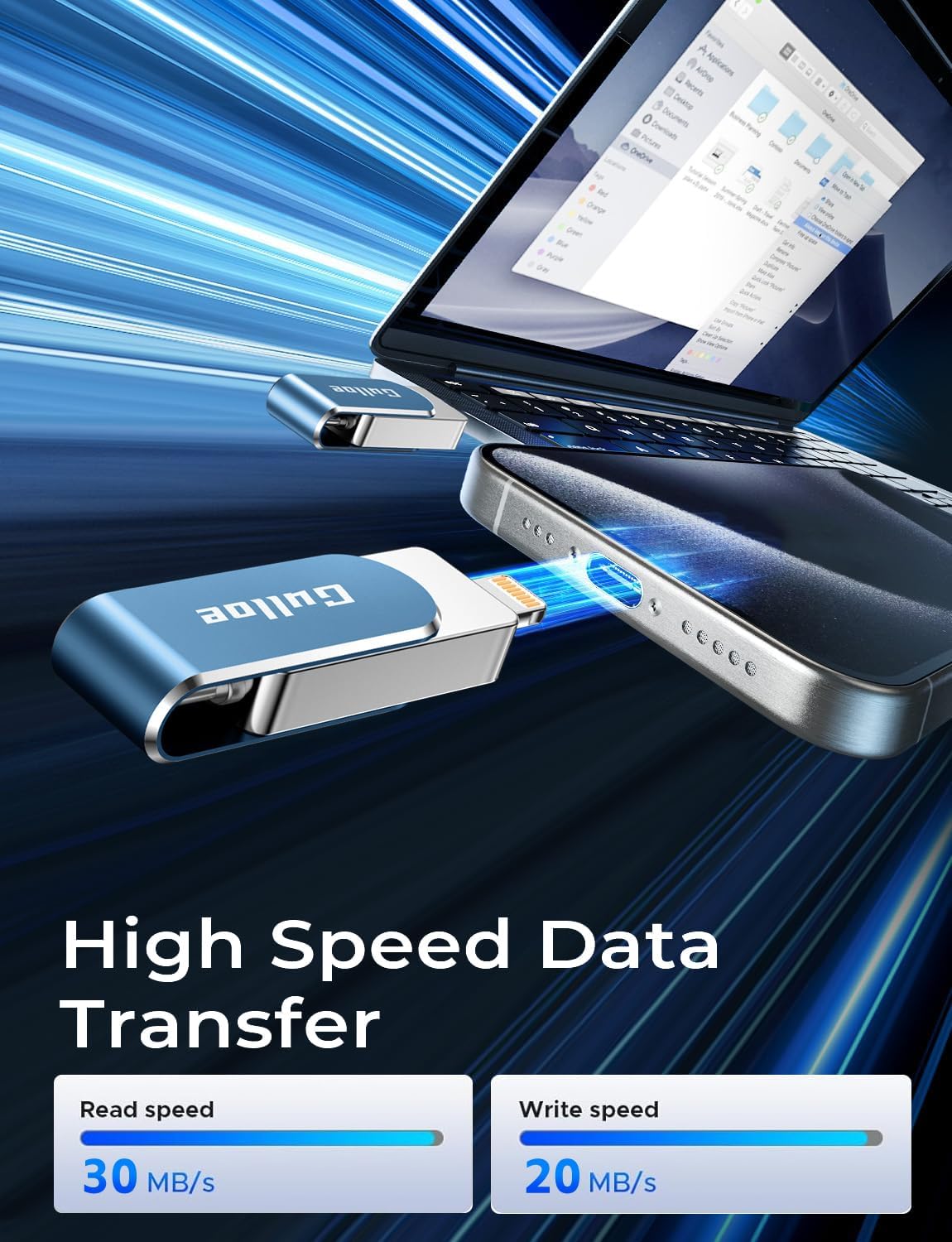 Gulloe 256GB Flash Drive Intended for iPhone, Memory Stick Storage for Photos and Videos Backup, Compatible with iPhone iPad Android PC, Plug and Play, No Application Required (Navy Blue)