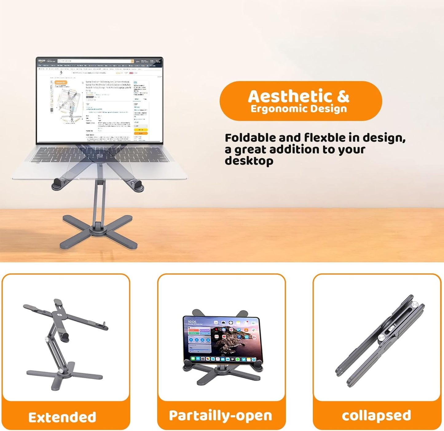 Laptop Stand with 360 Rotating Base, Computer Notebook Laptop Riser Metal Holder for Desk Collaborative Work, Fully Foldable for Easy Storage, Fits All MacBook, Laptops up to 16 inches, Grey