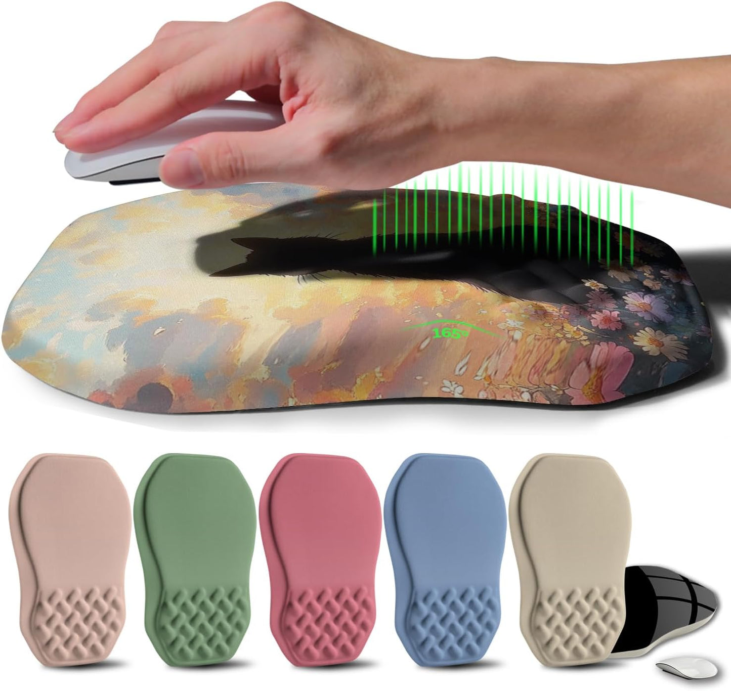 Ergonomic Raised Mouse Pad Wrist Support with Bilateral Slope Memory Foam Mousepad for Wrist Rest and Carpal Tunnel Pain Relief 11.8x7.9〃Flower Sea Cat