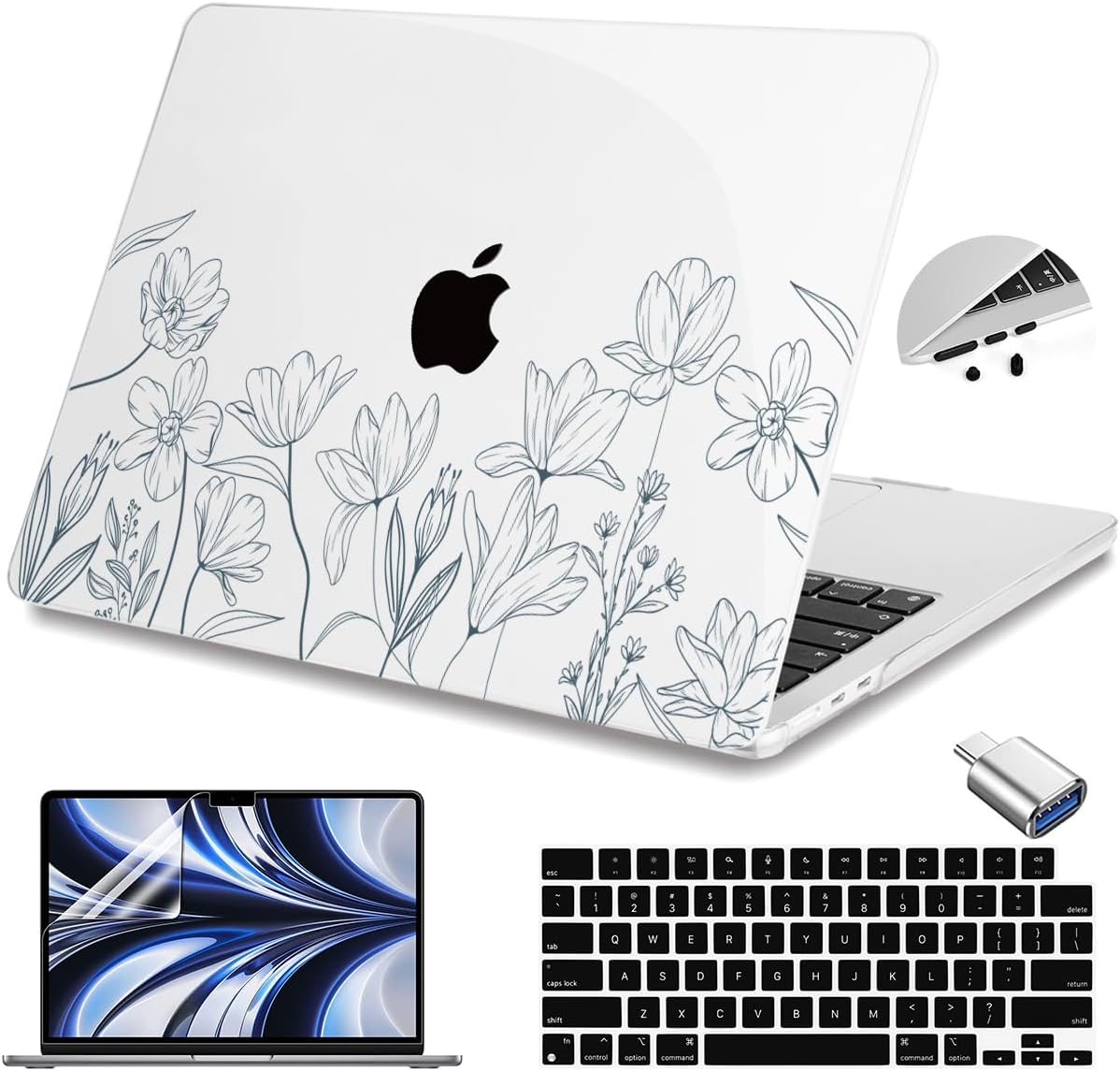 Teryeefi for 2025 2024 2023 2022 MacBook Air 13.6 inch Case M2 M3 M4 Model A3240/A3113/A2681, Glossy Plastic Hard Shell Cover with Screen Protector & Keyboard Cover & USB 3.0 Adapter, Wild Flowers