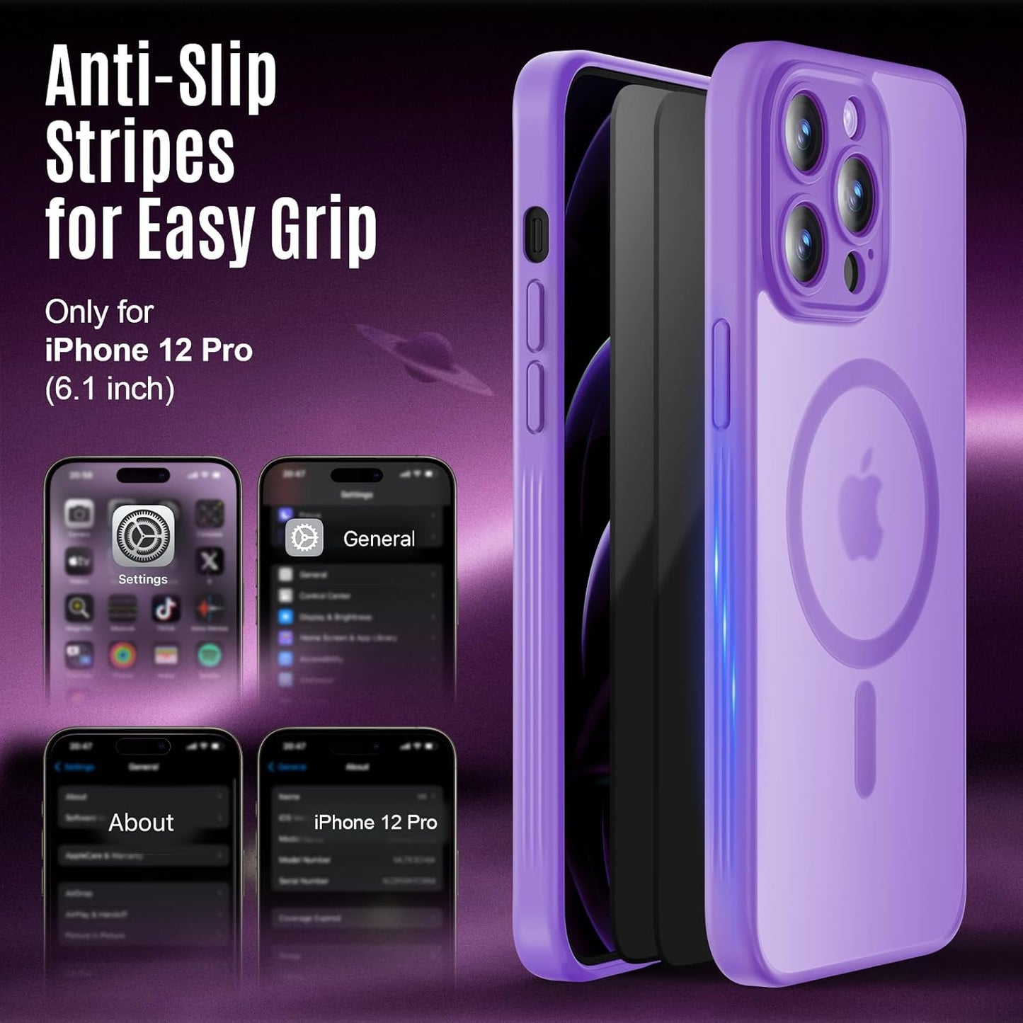 Designed for iPhone 12 Pro Case, Compatible with MagSafe, with Privacy Screen Protectors X2, [Camera Protection] [15FT Military Drop Protection] Shockproof Phone Case, 6.1", Light Purple