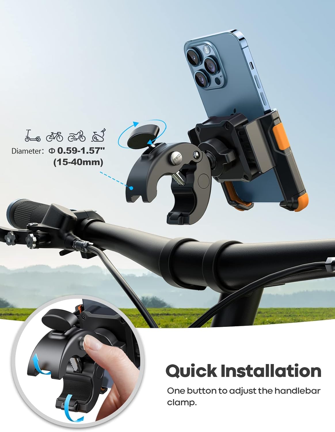 Lamicall Motorcycle Phone Mount Holder - [Camera Friendly] [1s Lock] Bike Phone Holder Handlebar Clamp, Bicycle Scooter Phone Clip, for iPhone 16 Pro Max, 15 14 13, Galaxy, 4.7-7" Phones, Orange