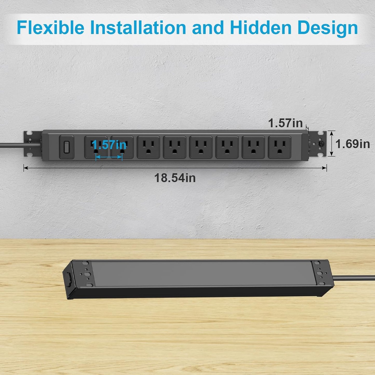 HHSOET Metal 360° Rotating Mountable Power Strip, 8 Outlet Gaming Table Mounted Outlet Strip, Heavy Duty Wall Mount Surge Protector with Switch, 15A 125V 1875W, 10ft Power Cord.(Black)