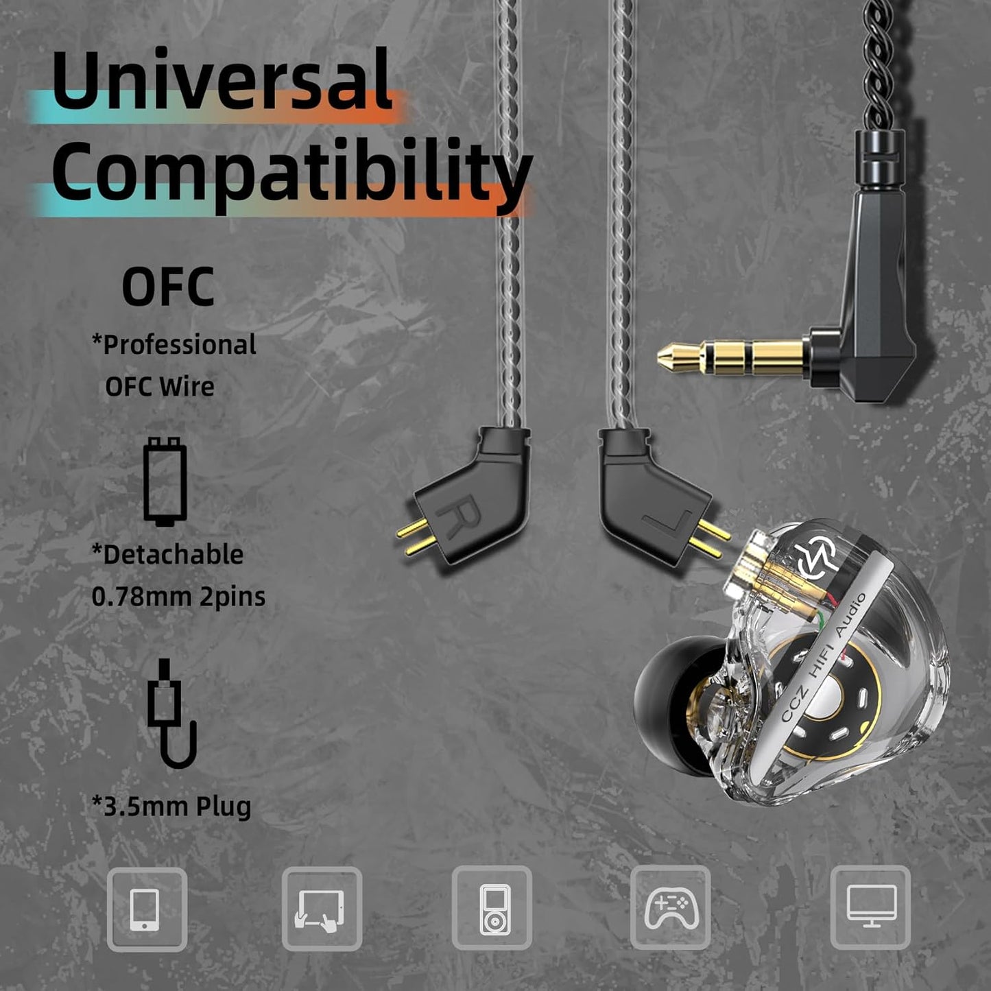 CCZ DC01 Pro in Ear Monitor, iems for Gaming, Professional Gaming Earbuds Super Bass Wired Earphones Headphones with 1DD, Patent Ear fins, Ear Tips, for Singers Musicians Podcaster (Cyan Without mic)