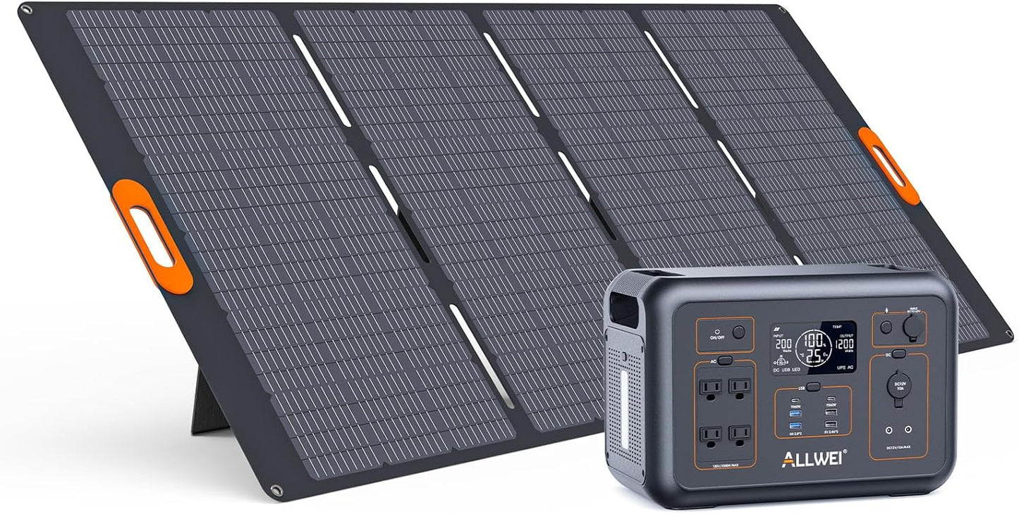 ALLWEI LiFePO4 Solar Generator 1200W(Surge 2400W) with 1 * 400W Solar Panel, Fast Charge in 1.5Hrs, 1008Wh Portable Power Station, 4*AC Outlet, Electric Generator for RV Camping Emergency Home Backup