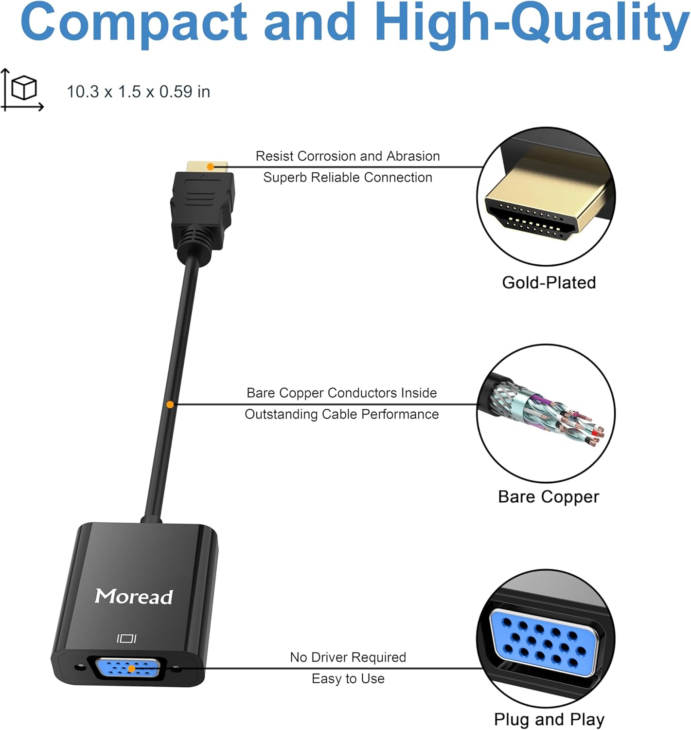 HDMI to VGA, Uni-Directional Gold-Plated HDMI to VGA Adapter (Male to Female) for Computer, Desktop, Laptop, PC, Monitor, Projector, HDTV, Chromebook, Raspberry Pi, Roku, Xbox and More - Black