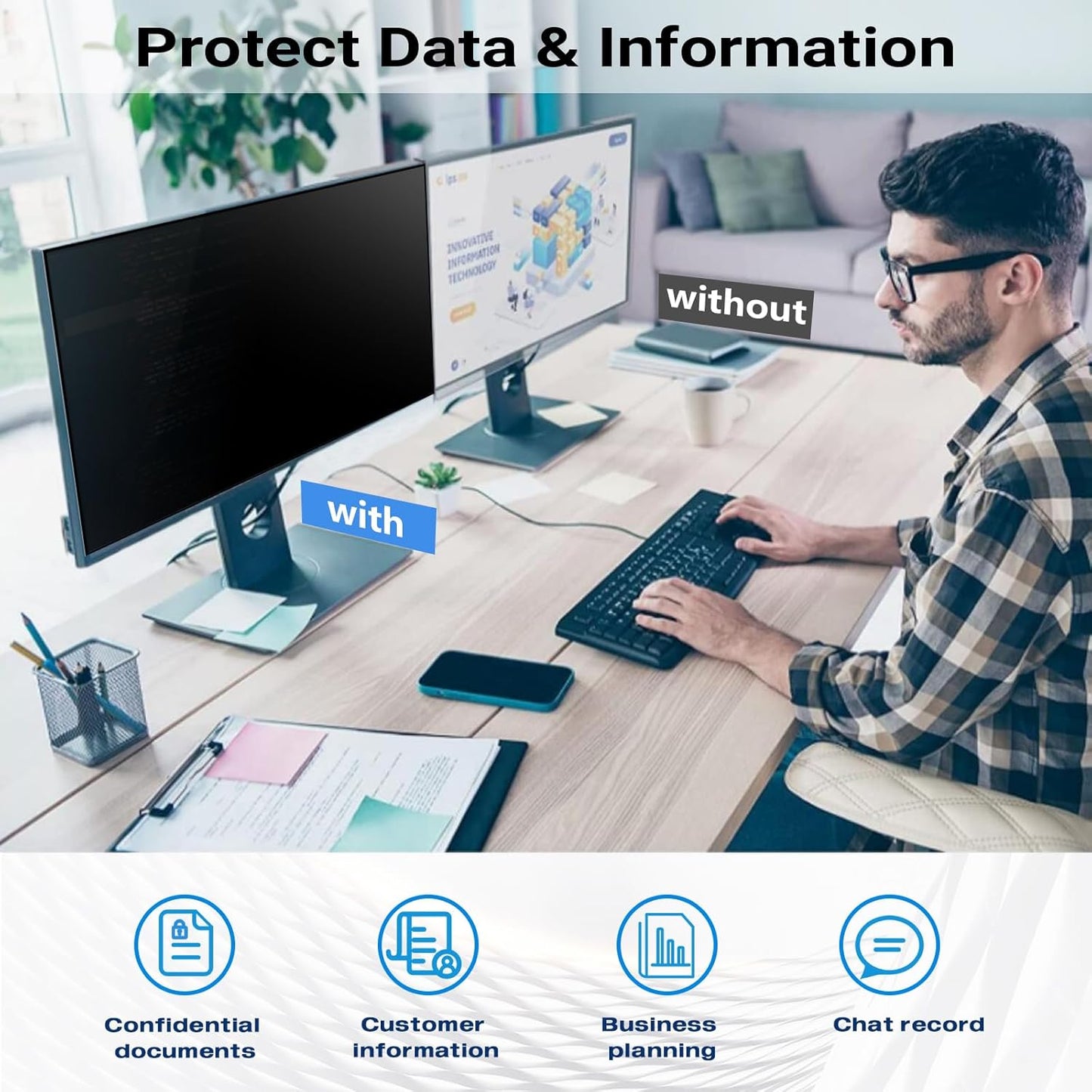 FILMEXT [2023 Upgrade Computer Privacy Screen Shield for 23 inch 16:9 Frameless Monitor, Anti Spy Blue Light Filter, Bubble Free, Easy On/Off Screen Protector for Computer Monitor