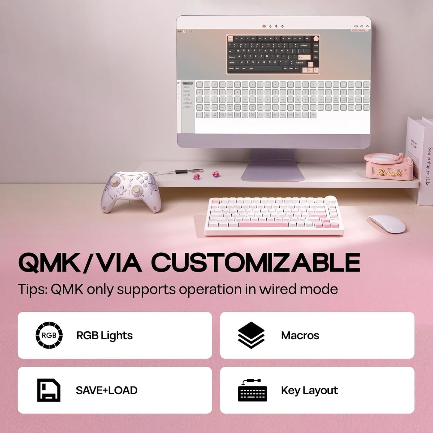 EPOMAKER QK81 75% Wireless Mechanical Gaming Keyboard, QMK/VIA Programmable and Hot-Swappable, 81 Keys with Metal Knob, 2.4Ghz/BT/USB, Creamy Gasket-Mount, RGB Backlight (White, Flamingo Switch)
