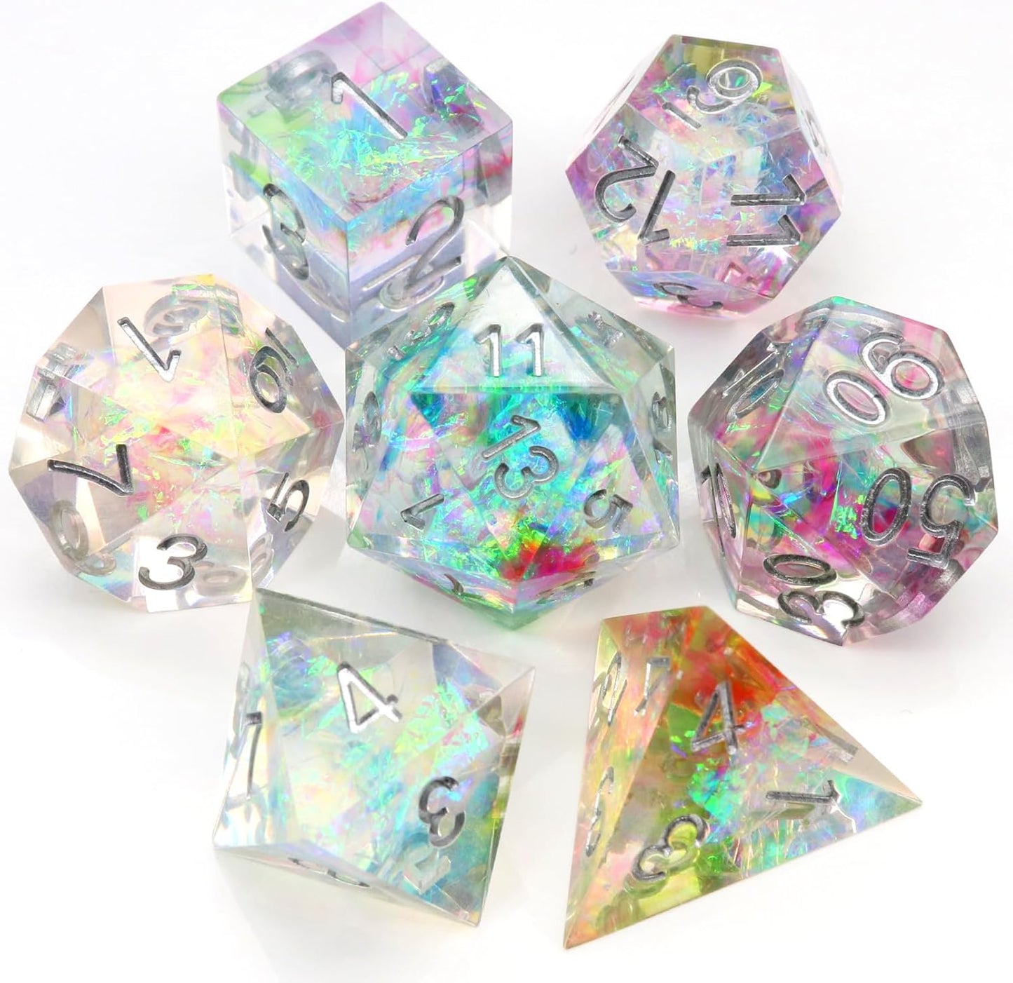 Haxtec Rainbow Sharp Edge Dice Set DND Dice with Iridescent Mylar Resin Dice Galaxy D&D Dice for RPG Role Playing Compatible with Dungeons and Dragons Gift