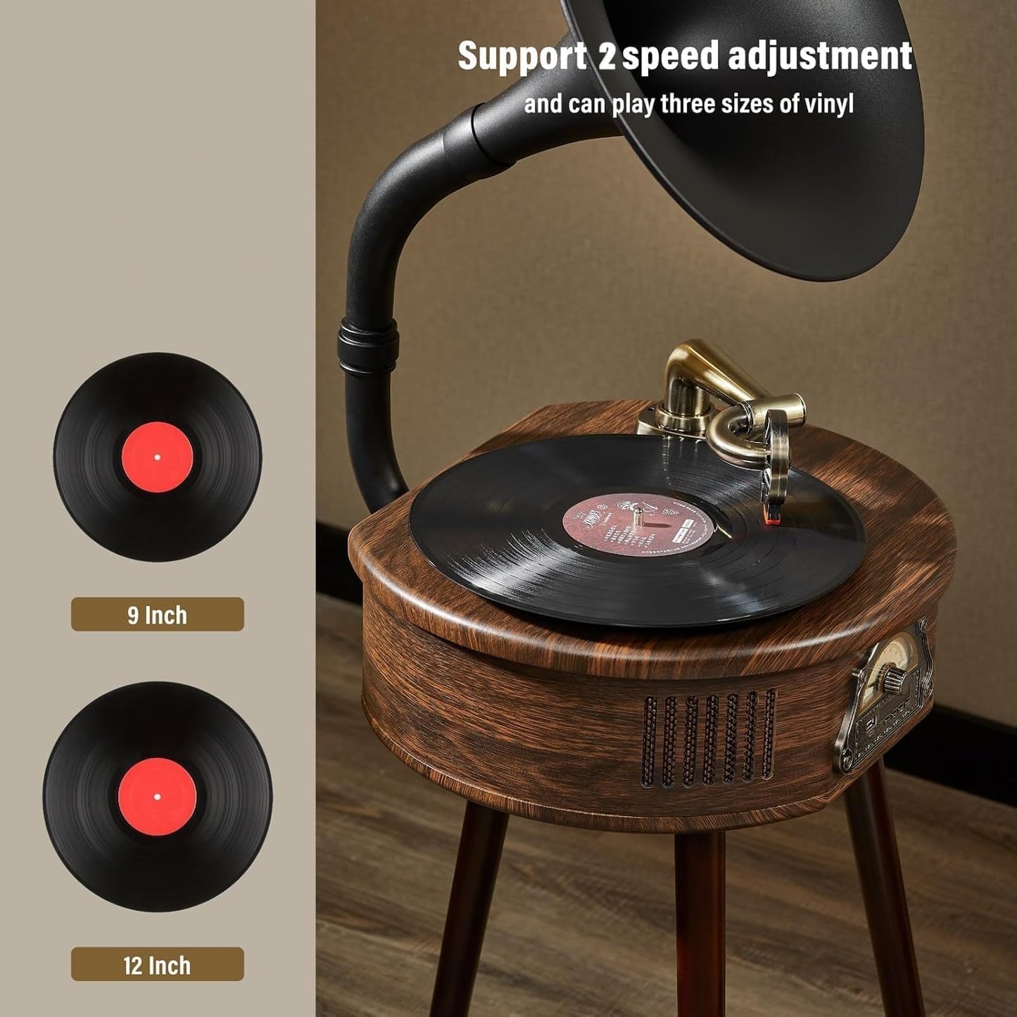 Gramophone Record Player，Italian Style Gramophone Vinyl Record Player with Control/Bluetooth/USB/FM Vintage Record Players Turntables 2 Speed(33/45), Hi-Fi, Classic Tripod Retro Wooden Design