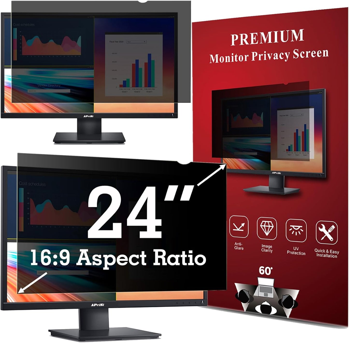 24 Inch Privacy Screen Filter for Widescreen 16:9 Monitor | Privacy Shield | Anti-Glare | Anti-Blue light Protector | Eye Protection | Computer Security Private Filter