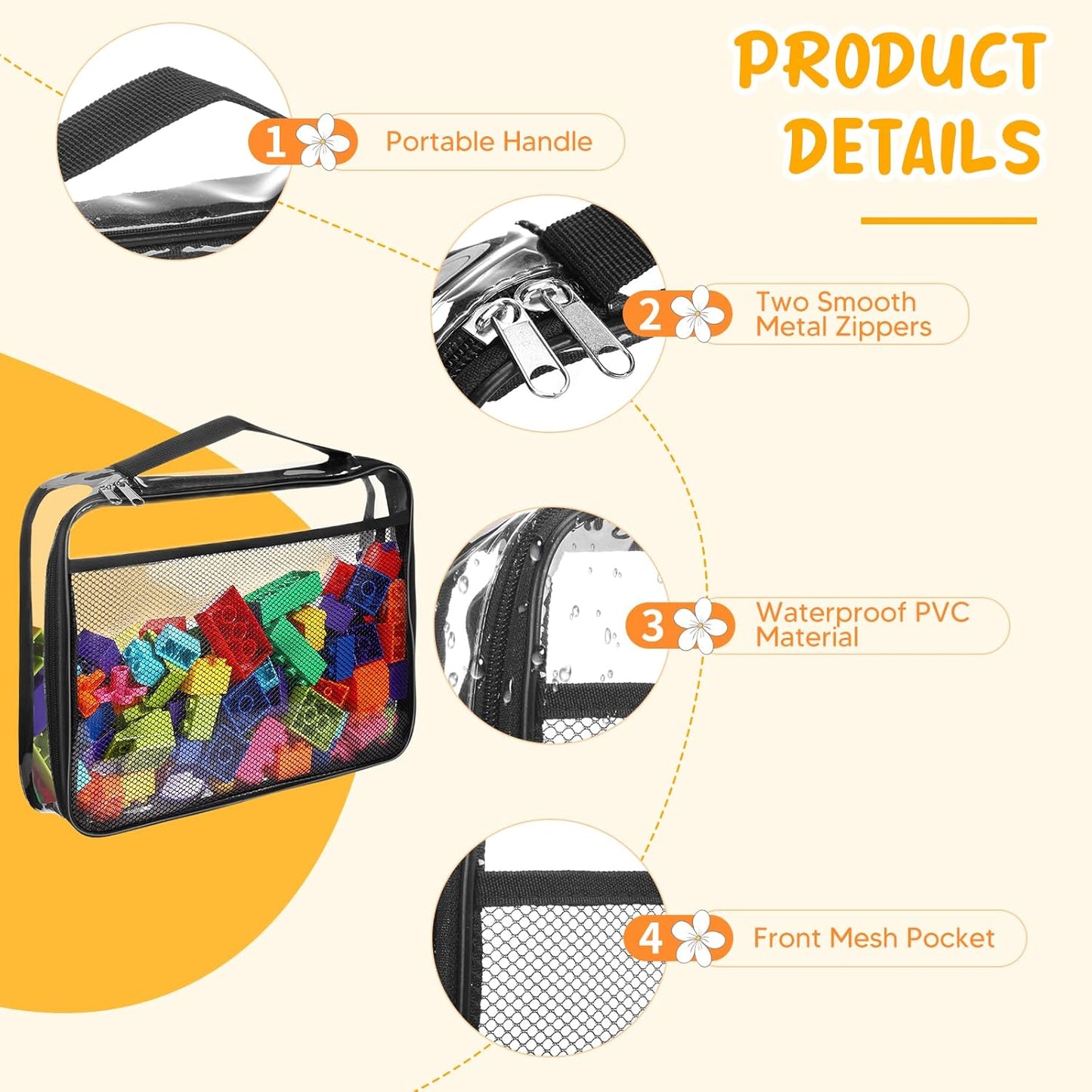 8 Packs Toy Storage Bags with Zipper, Clear PVC Organizing Bags, Reusable Toy Storage Organizer with Portable Handle, Travel Waterproof Organizer Bags for Building Blocks, Puzzle, Toys and Books