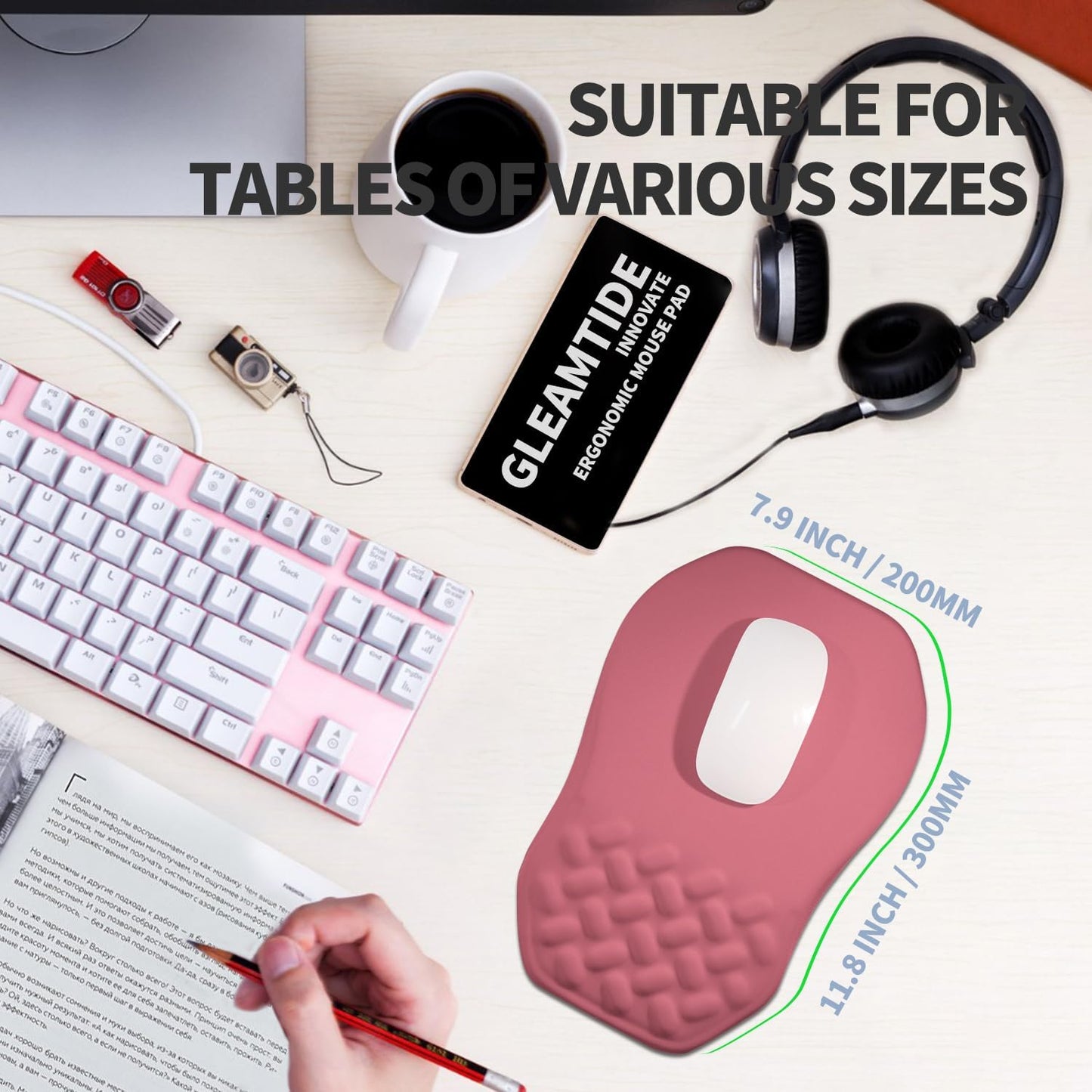 Ergonomic Raised Mouse Pad Wrist Support with Bilateral Slope Memory Foam Mousepad for Wrist Rest and Carpal Tunnel Pain Relief 11.8x7.9〃 Melon Pink