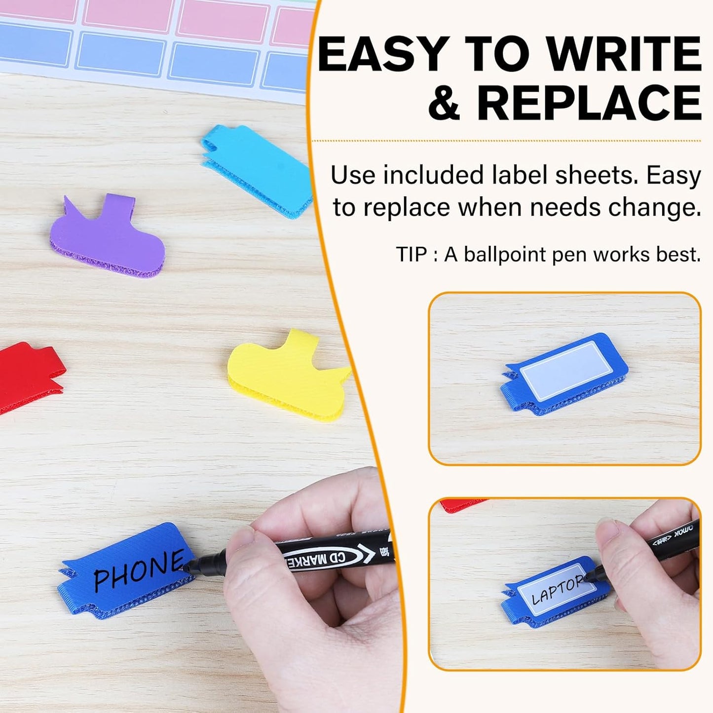 36Pcs Large Cable Labels - 8 Colors Reusable Write-On Wire Tags, Wire Identification Labels for Electronics, with 40Pcs Label Stickers, Cable Management for Home/Office, Rectangle & Oval