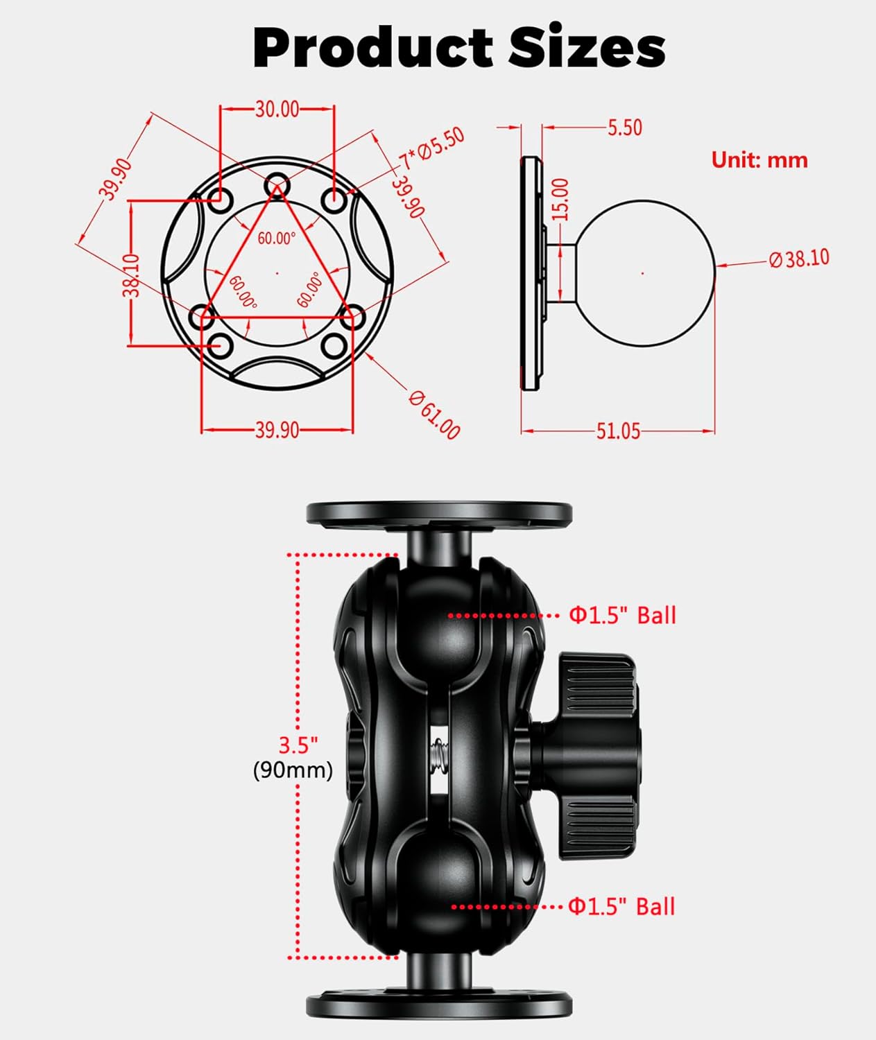 Aluminum Alloy Fish Finder Mount with 1.5" Ball AMPS Hole Round Plates, 3.5" Short Arm Marine Electronic Mount Tablet Holder for Garmin, Lowrance, Humminbird, Raymarine and More