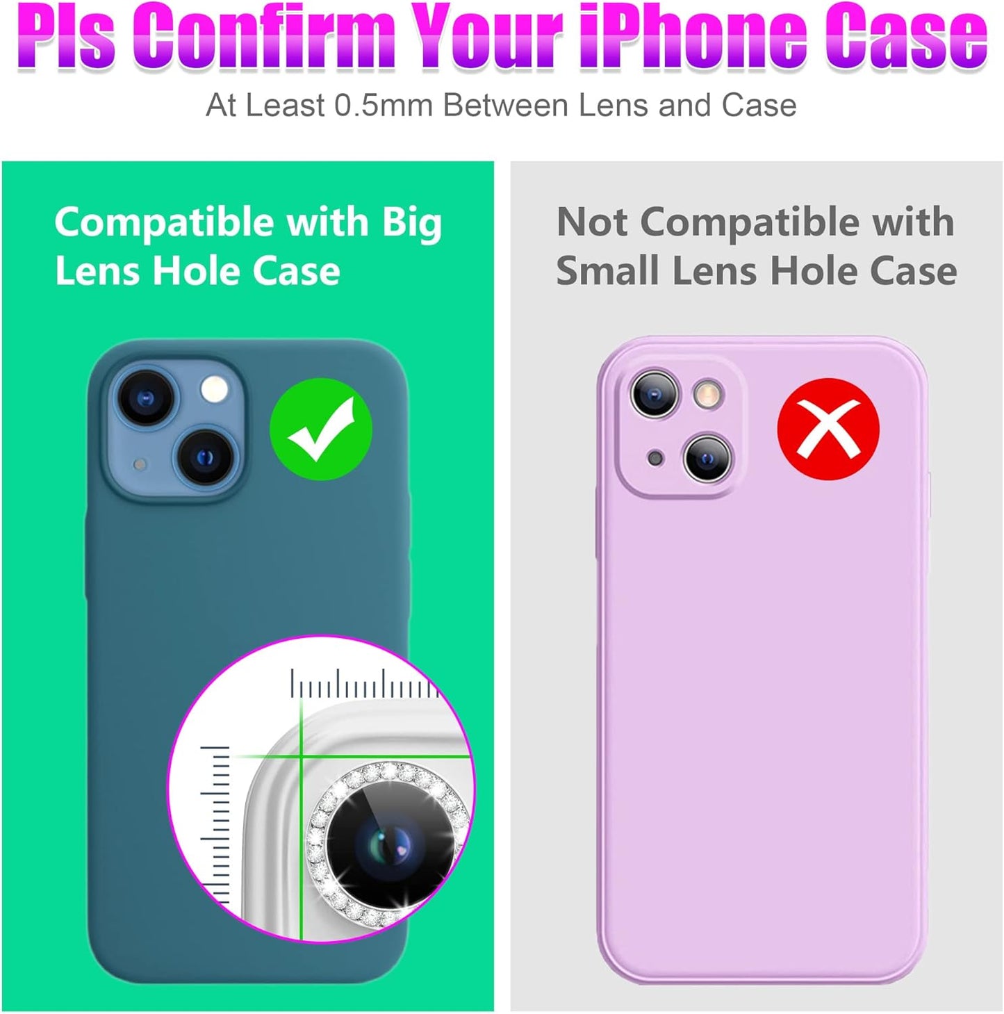 AGVEE 3+3 6 Pack for iPhone 13 6.1 inch / 13 Mini 5.4 inch Camera Lens Protector, Bling Diamond & Bling Glitter Metal Ring 9H Tempered HD Glass Camera Protector Cover Film, Bling-Silver