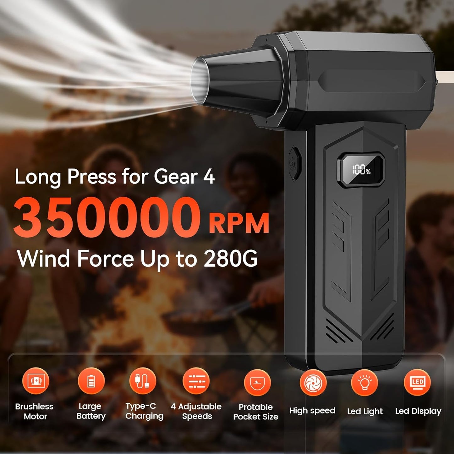 Compressed Air Duster,350,000RPM Turbo Jet Blower with LED Display and Light,4-Gear Adjustable Mini Air Broom,Electric Air Duster for Keyboard,PC,Car and Home,Replace Compressed Air Can (Black)