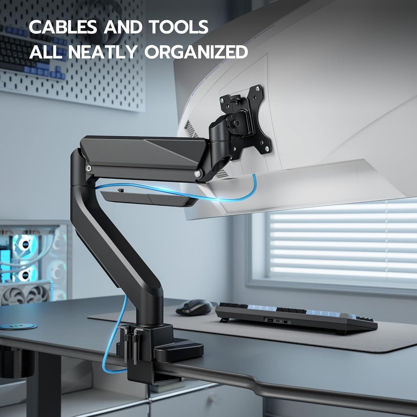 ARES WING Ultrawide Single Monitor Arm, Heavy Duty Monitor Mount for 13"-45" Curved Screens, Adjustable Stand for Desk with C-clamp & Grommet Base up to 40 LBS, Black