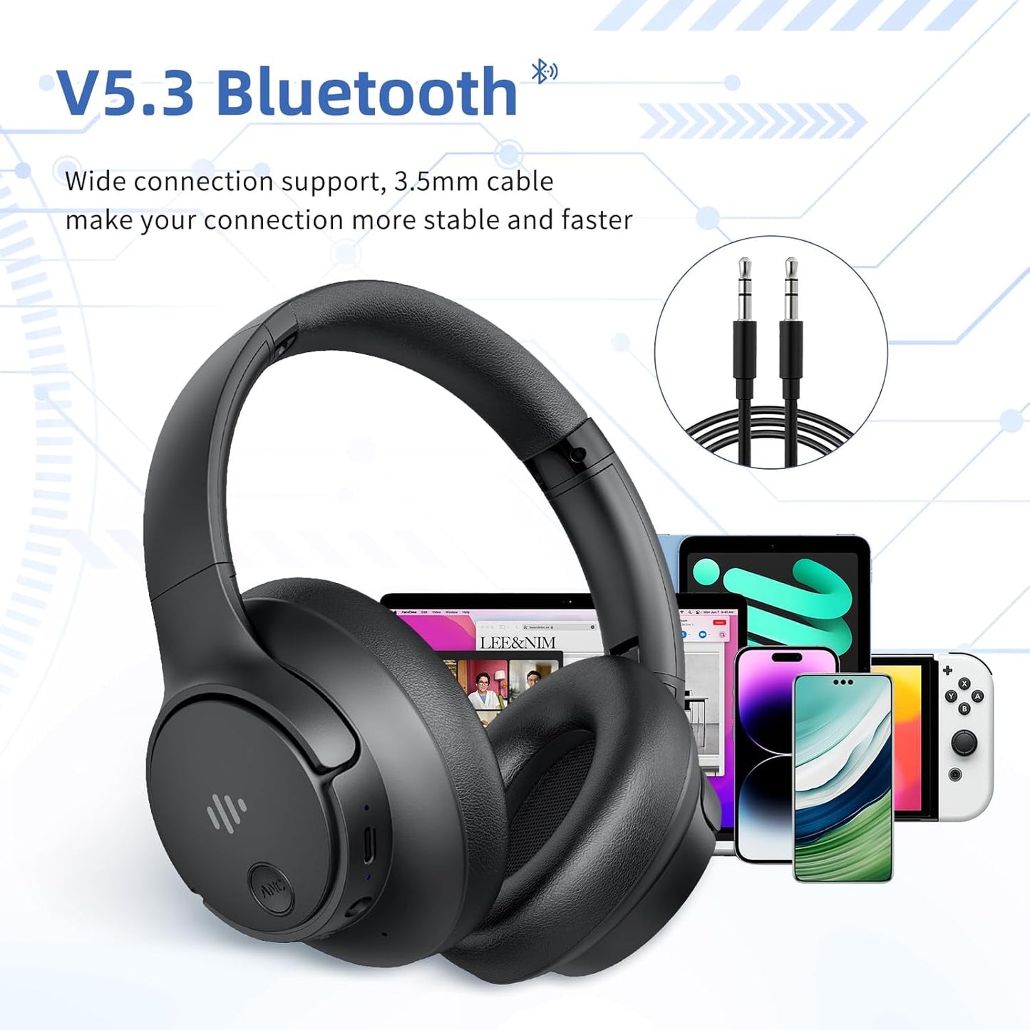 Active Noise Cancelling Headphones, Wireless Over Ear Bluetooth Headphones with Microphone, Transparency Mode, 70H Playtime, Hi-Res Audio, Deep Bass, Bluetooth 5.3, Lightweight Design,Black